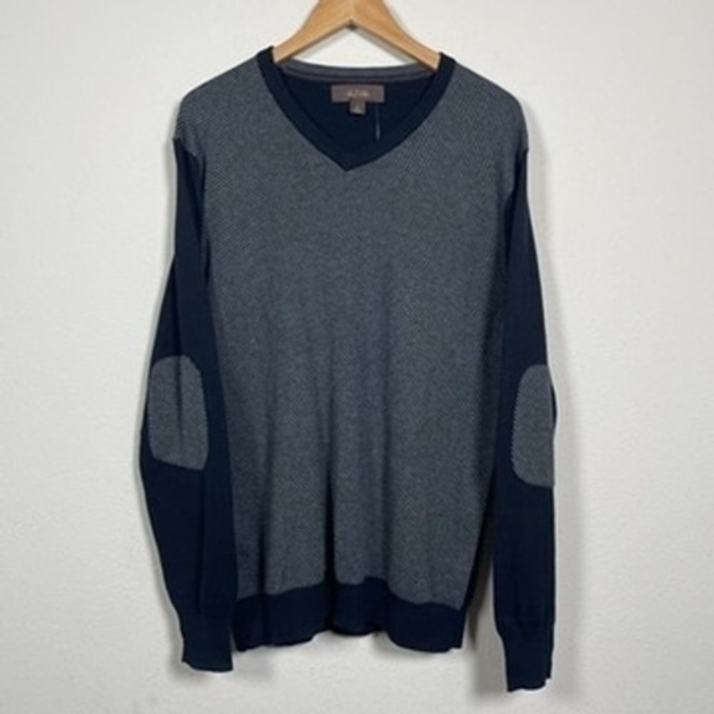 Tasso Elba V-Neck Sweater Mens Large Black Gray Cotton Elbow Patch Classic